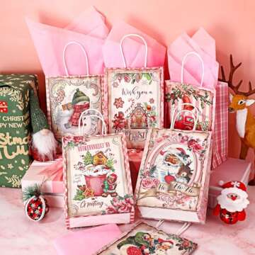 Pasimy 24 Pack Pink Christmas Gift Bags with Tissue Paper Holiday Kraft Paper Bag Bulk Xmas Santa Snowman Reindeer Goody Bag with Handle Reusable for Christmas Party Decoration Favor Class Gift Wrap
