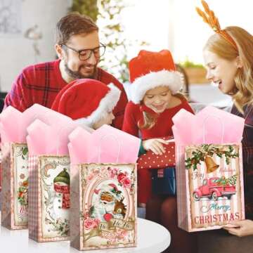 Pasimy 24 Pack Pink Christmas Gift Bags with Tissue Paper Holiday Kraft Paper Bag Bulk Xmas Santa Snowman Reindeer Goody Bag with Handle Reusable for Christmas Party Decoration Favor Class Gift Wrap