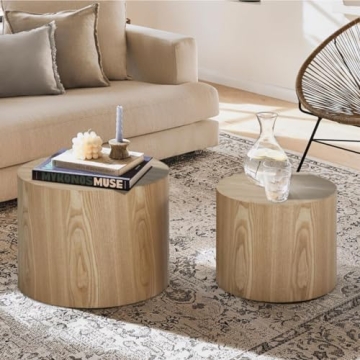 Vanress Nesting Coffee Table Set of 2, Round Coffee Table, Wood Circle Drum Coffee Table Contemporar...