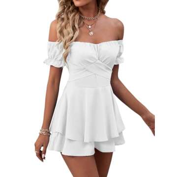 LYANER Women's Off the Shoulder Wrap Tie Up Back Ruffle Short Sleeve Romper Short Jumpsuit White Small