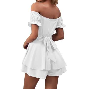 LYANER Women's Off the Shoulder Wrap Tie Up Back Ruffle Short Sleeve Romper Short Jumpsuit White Small
