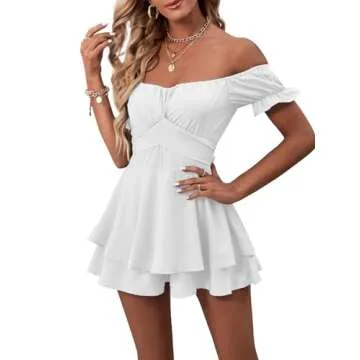 LYANER Women's Off the Shoulder Wrap Tie Up Back Ruffle Short Sleeve Romper Short Jumpsuit White Small
