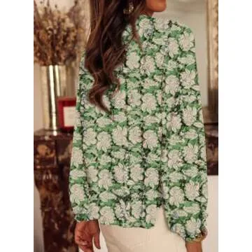 SHEWIN Blouses for Women Dressy Casual Floral Boho Tops Tunics Loose V Neck Long Sleeve Shirts Trendy Fall Outfits for Women 2025, L, Green