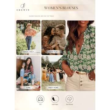 SHEWIN Blouses for Women Dressy Casual Floral Boho Tops Tunics Loose V Neck Long Sleeve Shirts Trendy Fall Outfits for Women 2025, L, Green