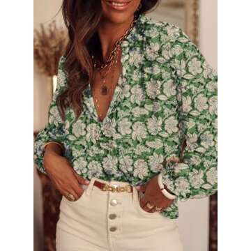 SHEWIN Blouses for Women Dressy Casual Floral Boho Tops Tunics Loose V Neck Long Sleeve Shirts Trendy Fall Outfits for Women 2025, L, Green