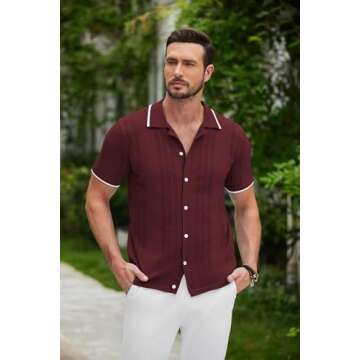 COOFANDY Mens Vintage Short Sleeve Button Up Knitted Polo Shirts Summer Beach Shirt Wine Red