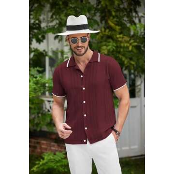 COOFANDY Mens Vintage Short Sleeve Button Up Knitted Polo Shirts Summer Beach Shirt Wine Red