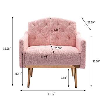 Olela Modern Accent Chair with Arms, Tufted Decorative Single Sofa Fabric Armchair with Gold Metal Legs, Upholstered Reading Chair for Living Room Bedroom Office (Pink - Fabric)