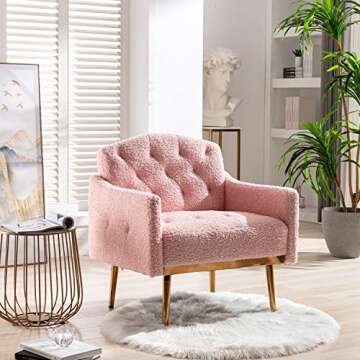Olela Modern Accent Chair with Arms, Tufted Decorative Single Sofa Fabric Armchair with Gold Metal Legs, Upholstered Reading Chair for Living Room Bedroom Office (Pink - Fabric)