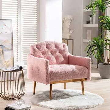 Olela Modern Accent Chair with Arms, Tufted Decorative Single Sofa Fabric Armchair with Gold Metal Legs, Upholstered Reading Chair for Living Room Bedroom Office (Pink - Fabric)