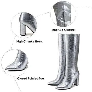 Modatope Silver Boot Knee High Boots Tall Boots Faux Crocodile Boots Thigh High Long Boots for Women Pointed Toe Size 9.5