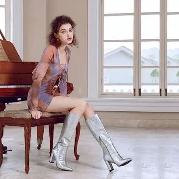 Modatope Silver Boot Knee High Boots Tall Boots Faux Crocodile Boots Thigh High Long Boots for Women Pointed Toe Size 9.5