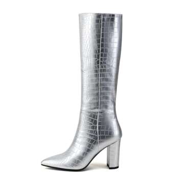 Modatope Silver Boot Knee High Boots Tall Boots Faux Crocodile Boots Thigh High Long Boots for Women Pointed Toe Size 9.5