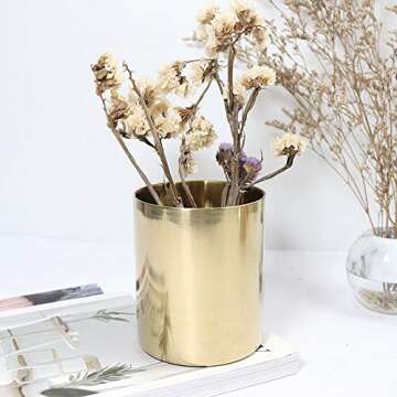 MultiBey Gold Pencil Holder Cup, Luxury Gold Pen Holder Metal Pencil Organizer Small Gold Vase, Gold Desk Accessory Organizer for Desk Office Home