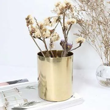 MultiBey Gold Pencil Holder Cup, Luxury Gold Pen Holder Metal Pencil Organizer Small Gold Vase, Gold Desk Accessory Organizer for Desk Office Home