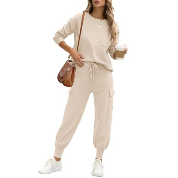 Caracilia Women's Two Piece Outfits Sweater Sets Long Sleeve Knit Tops Matching Cargo Jogger Pants 2...