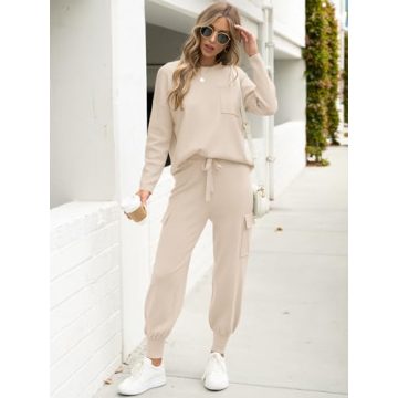 Caracilia Women's Two Piece Outfits Sweater Sets Long Sleeve Knit Tops Matching Cargo Jogger Pants 2024 Fall Lounge Sets Apricot Small