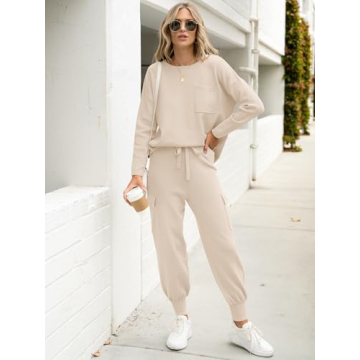 Caracilia Women's Two Piece Outfits Sweater Sets Long Sleeve Knit Tops Matching Cargo Jogger Pants 2024 Fall Lounge Sets Apricot Small