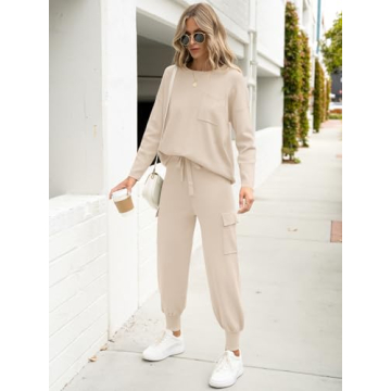 Caracilia Women's Two Piece Outfits Sweater Sets Long Sleeve Knit Tops Matching Cargo Jogger Pants 2024 Fall Lounge Sets Apricot Small