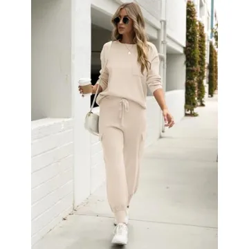 Caracilia Women's Two Piece Outfits Sweater Sets Long Sleeve Knit Tops Matching Cargo Jogger Pants 2024 Fall Lounge Sets Apricot Small