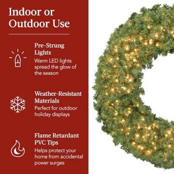 Large Pre-Lit Christmas Wreath with Bow and LED Lights