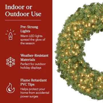 Large Pre-Lit Christmas Wreath with Bow and LED Lights