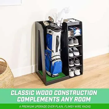 GoSports Premium Wooden Golf Bag Organizer and Storage Rack – Black, Brown, and White