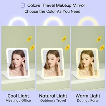 FUNTOUCH 1800mAh Rechargeable Large Travel Makeup Mirror with Lights, 10x7.5 Portable Lighted Makeup Mirror with 3 Color Lights, Dimming Folding Light Up Travel Mirrors with 10X Magnifying Mirror