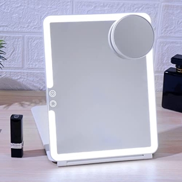 FUNTOUCH 1800mAh Rechargeable Large Travel Makeup Mirror with Lights, 10x7.5 Portable Lighted Makeup Mirror with 3 Color Lights, Dimming Folding Light Up Travel Mirrors with 10X Magnifying Mirror