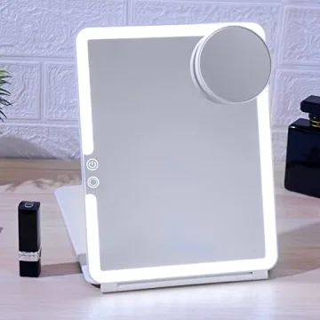 FUNTOUCH 1800mAh Rechargeable Large Travel Makeup Mirror with Lights, 10x7.5 Portable Lighted Makeup Mirror with 3 Color Lights, Dimming Folding Light Up Travel Mirrors with 10X Magnifying Mirror