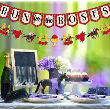 PTFNY Run for The Roses Banner Horse Racing Garland Kentucky Derby Horse Racing Decoration Party Supplies for Kentucky Derby Day Party Home Decor