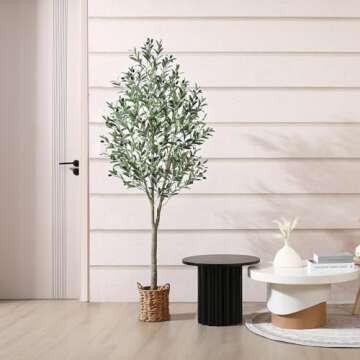 SOGUYI Artificial Olive Tree 6ft Tall Fake Plant, Faux Olive Tree Topiary Silk Trees with Handmade Woven Basket Planter, Artificial Floor Plants for Home Office Living Room Indoor Decor(Set of 1)