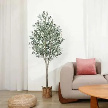 SOGUYI Artificial Olive Tree 6ft Tall Fake Plant, Faux Olive Tree Topiary Silk Trees with Handmade Woven Basket Planter, Artificial Floor Plants for Home Office Living Room Indoor Decor(Set of 1)