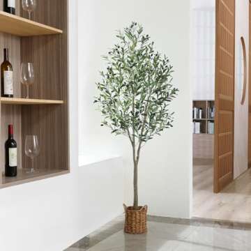 SOGUYI Artificial Olive Tree 6ft Tall Fake Plant, Faux Olive Tree Topiary Silk Trees with Handmade Woven Basket Planter, Artificial Floor Plants for Home Office Living Room Indoor Decor(Set of 1)