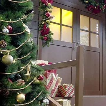 Wooden Bead Garland Round Bead Wreath Christmas Party Holiday Decorations (Gold,1)