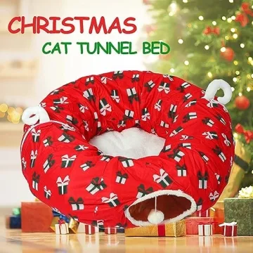 LUCKITTY Christmas Cat Tunnel Bed - Red Decorative Style