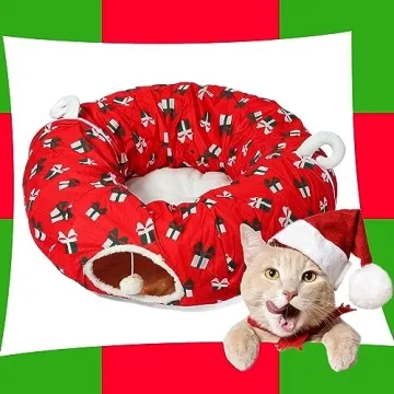 LUCKITTY Christmas Cat Tunnel Bed - Red Decorative Style