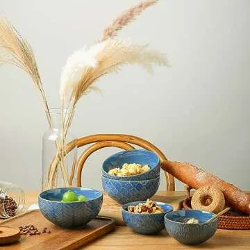 Sureasy Ceramic Dessert Bowls, 10oz Embossed Small Bowl, 4.6 inch Ice Cream Bowl, Small Serving Bowls Set for Snack, Sauce, Microwave and Dishwasher Safe, Set of 4, Blue