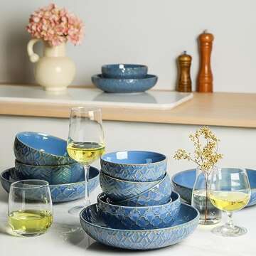 Sureasy Ceramic Dessert Bowls, 10oz Embossed Small Bowl, 4.6 inch Ice Cream Bowl, Small Serving Bowls Set for Snack, Sauce, Microwave and Dishwasher Safe, Set of 4, Blue