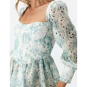 Jardinvue Women Square Collar Dress Summer Dress Puffy Dress for Women Hollow Sleeves Dress Flower Girl Dress Floral Dress