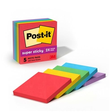 Post-it Super Sticky Notes, 3x3 in, 5 Pads, 2x the Sticking Power, Playful Primaries