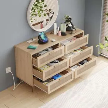 Stylish Rattan Nightstand Set with Charging Station