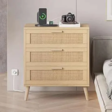 Stylish Rattan Nightstand Set with Charging Station