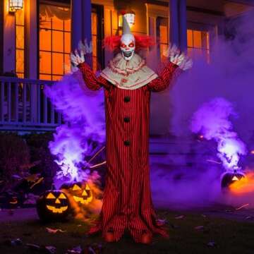 Presence 72" Halloween Decorations Outdoor - Standing Animatronic Clown with Red Light Up Eyes, Motion and Sound Activated Moving Arms and Head, Scary Clown Halloween Yard Patio House Decor