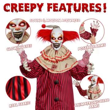 Presence 72" Halloween Decorations Outdoor - Standing Animatronic Clown with Red Light Up Eyes, Motion and Sound Activated Moving Arms and Head, Scary Clown Halloween Yard Patio House Decor