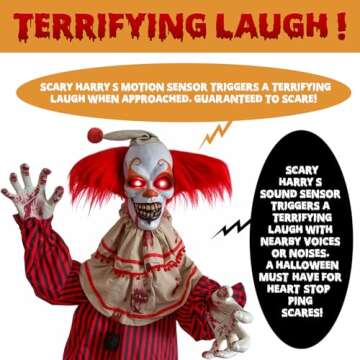 Presence 72" Halloween Decorations Outdoor - Standing Animatronic Clown with Red Light Up Eyes, Motion and Sound Activated Moving Arms and Head, Scary Clown Halloween Yard Patio House Decor