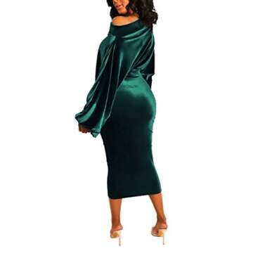 Salimdy Women's Sexy One Off Shoulder Midi Dress Long Sleeve Velvet Bodycon Party Pencil Dress Green M