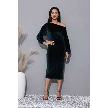 Salimdy Women's Sexy One Off Shoulder Midi Dress Long Sleeve Velvet Bodycon Party Pencil Dress Green M