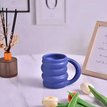 Koythin Ceramic Coffee Mug, Cute Creative Wheel Shape Cup Design for Office and Home, Dishwasher and Microwave Safe, 13.5 oz/400 ml for Latte Tea Milk (Bright Blue)