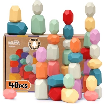 BUNMO Wooden Blocks - Stacking Rocks 40pcs - Montessori Toys for 3 Year Old - Stimulating Creative &...